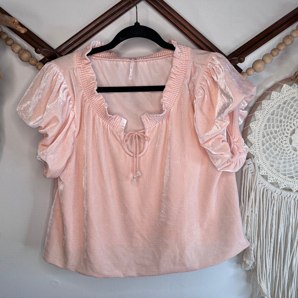 Free People Terese Pink Velour Velvet Puff Sleeve Top